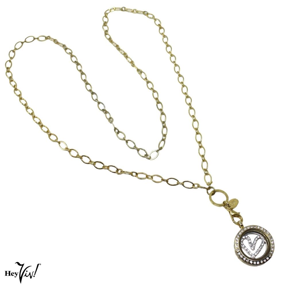 Floating Locket Necklace w Rhinestone Heart Charm Gold Tone 30” Chain - Hey Viv